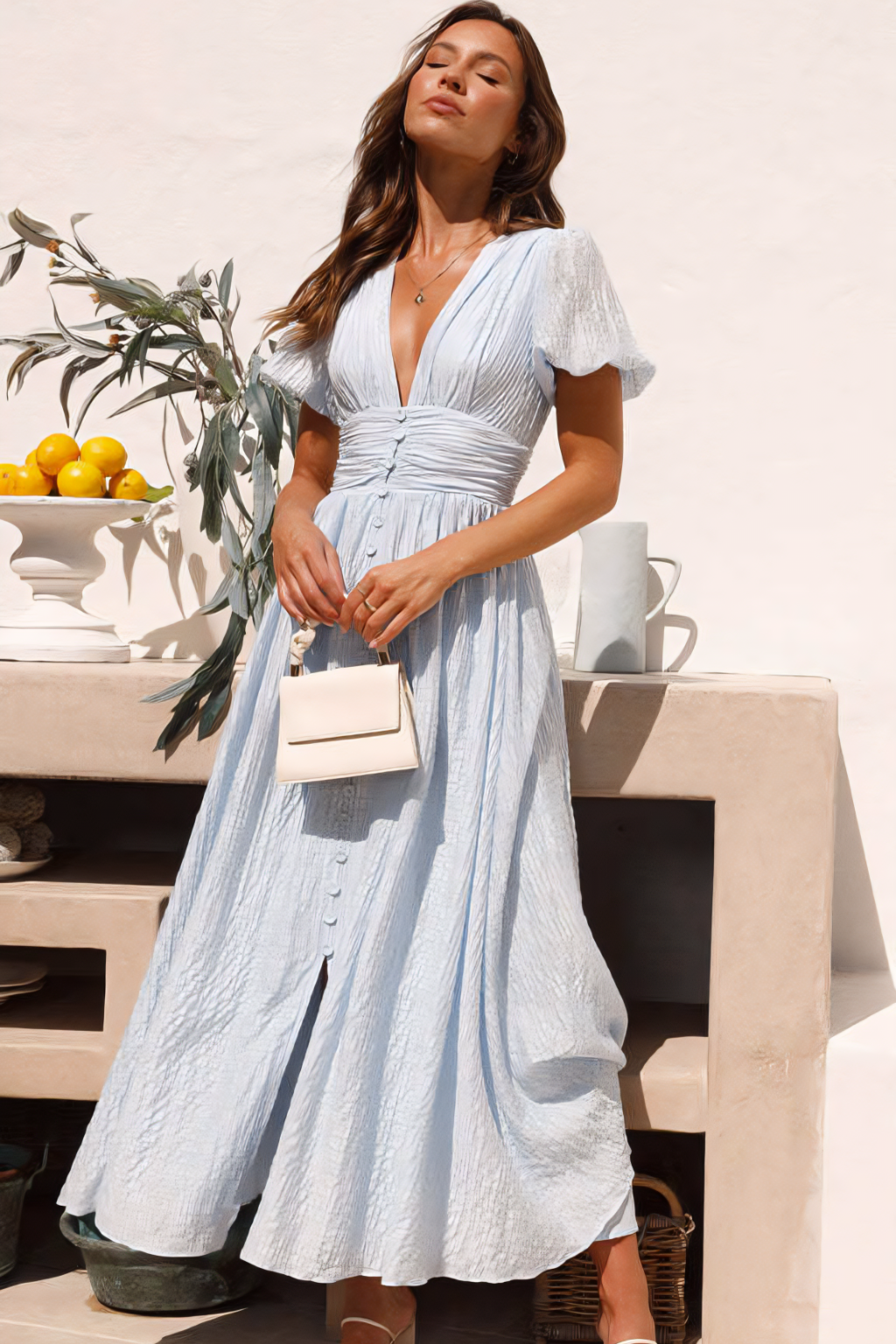 Graceful Puff-Sleeve Midi Dress – V-Neck Button-Front Silhouette & Effortless Flow
