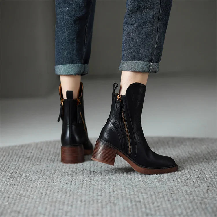 Women’s Block Heel Zip Ankle Boots – Sleek Round-Toe Design