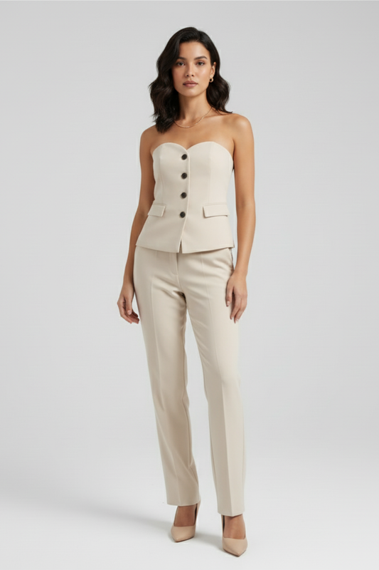 Refined Strapless Tailored Two-Piece Set – Tube Top & Straight-Leg Pants