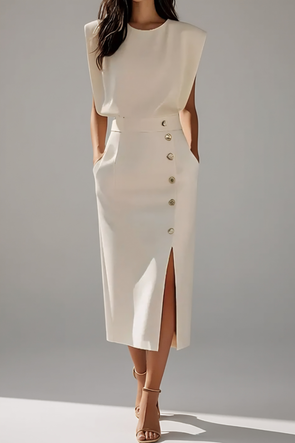 Elegant Button Detail Midi Dress – Refined Business Silhouette