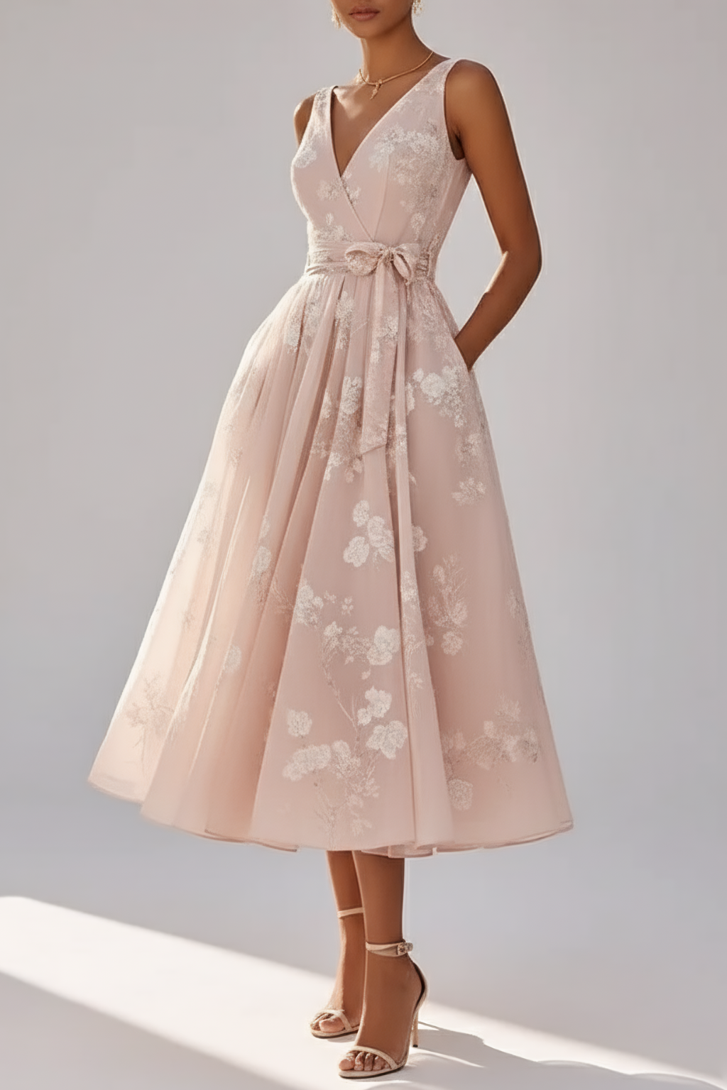 Graceful Floral Midi Dress – Waist-Tie Cocktail Silhouette