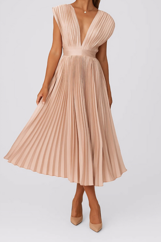 Pleated Deep V-Neck Midi Dress – Elegant Occasion Dress