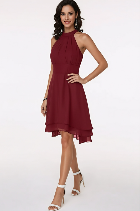 Elegant Halter Neck Ruffle Hem Midi Dress – Timeless Cocktail Silhouette
