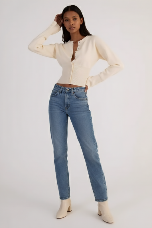 Chic Cropped Cardigan Sweater – Fitted Waist Panel & Long Sleeve Silhouette