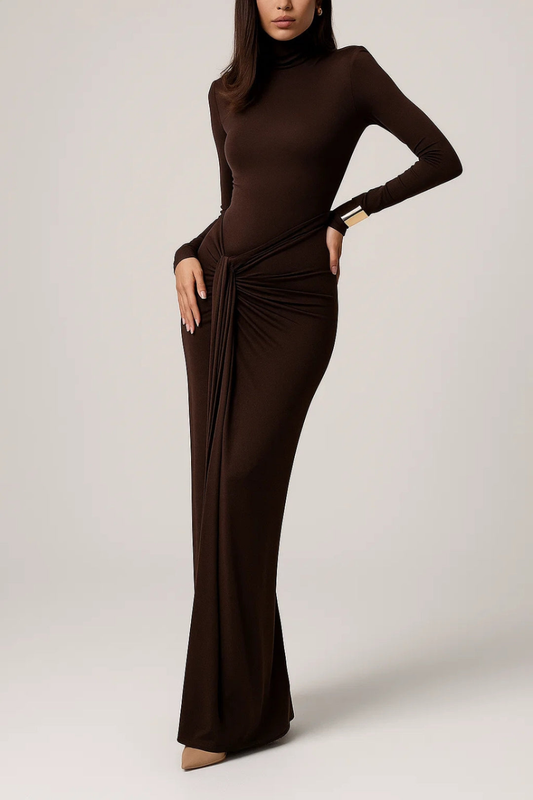 Sophisticated High-Neck Bodycon Maxi Dress – Draped Waist & Side Slit Detail