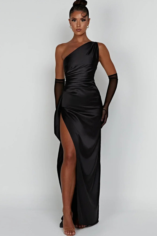 Satin One-Shoulder Evening Dress – Elegant Maxi Silhouette & High Split