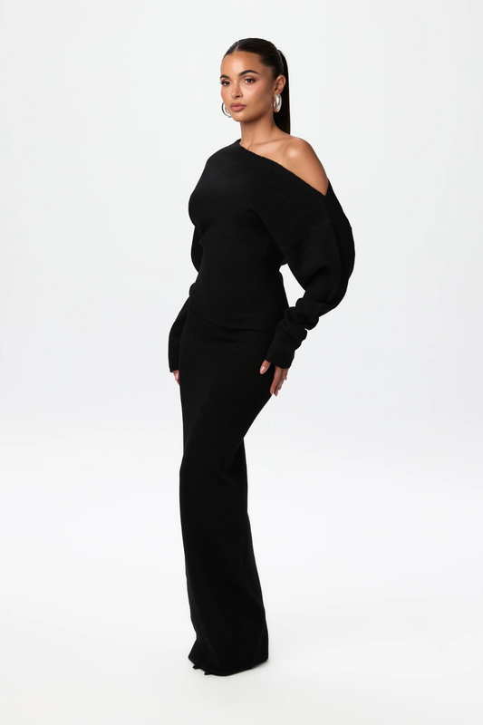 Off Shoulder Knit Maxi Dress – Sleek Silhouette & Modern Minimal Elegance