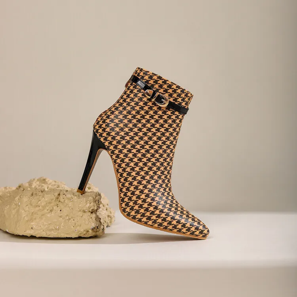 Women's Houndstooth Ankle Boots – Pointed Toe Stiletto with Gold Buckle