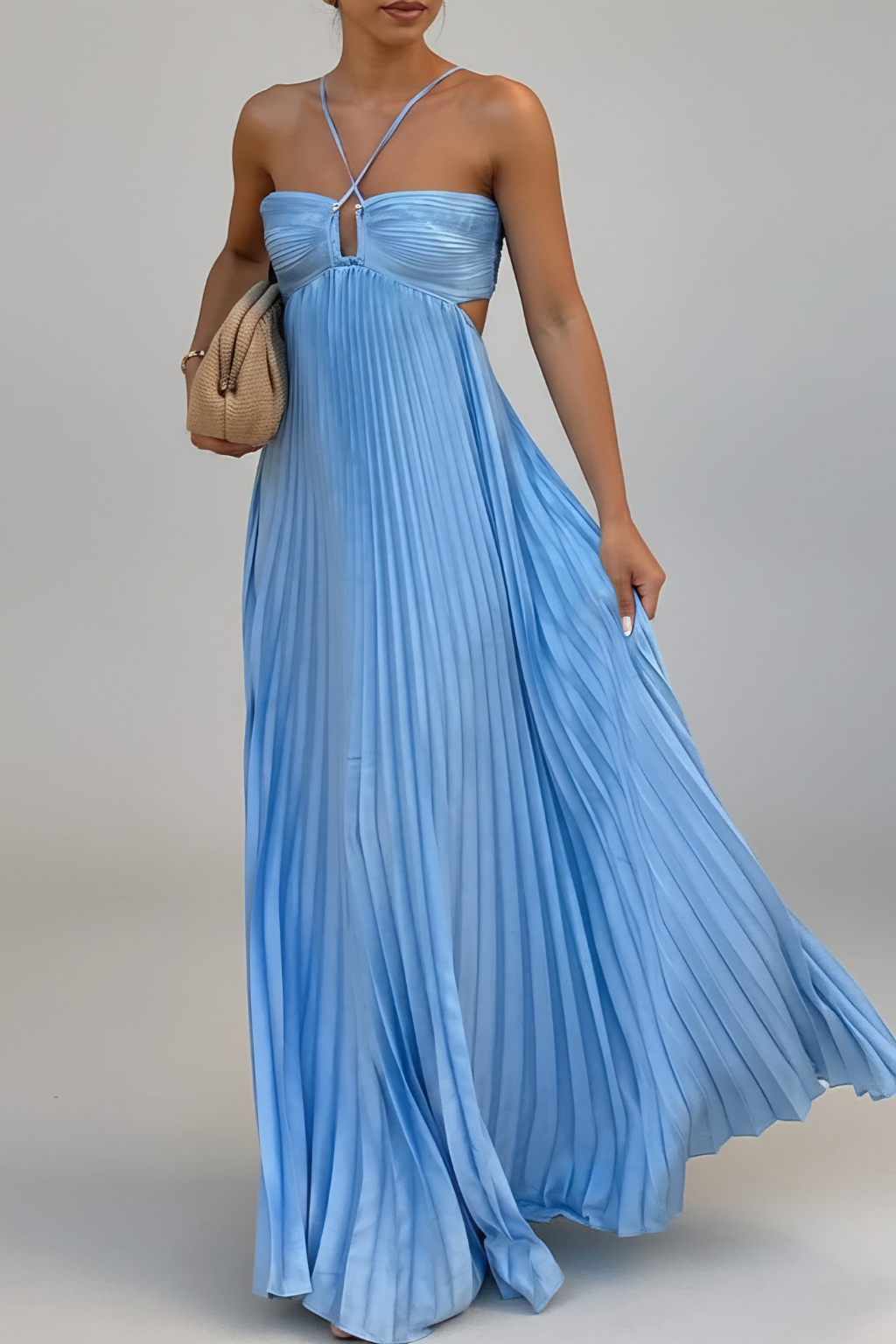 Elegant Pleated Maxi Dress – Strappy Cut-Out Evening Silhouette