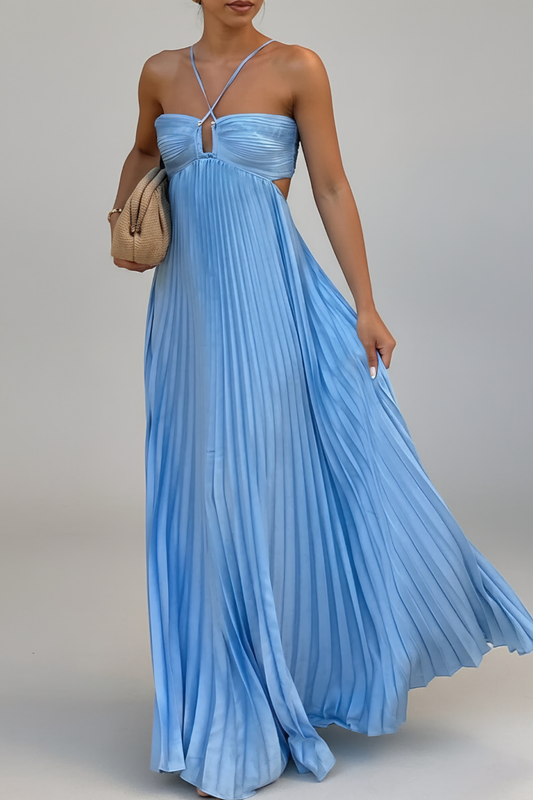 Elegant Pleated Maxi Dress – Strappy Cut-Out Evening Silhouette
