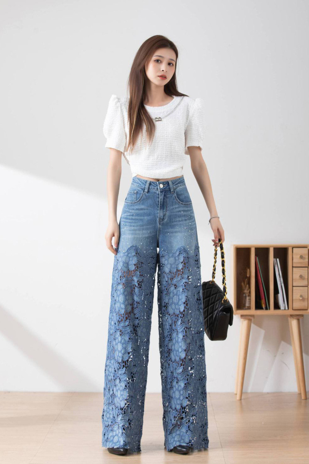 Statement Wide Leg Jeans – Floral Cutout Detail & High Waist Silhouette