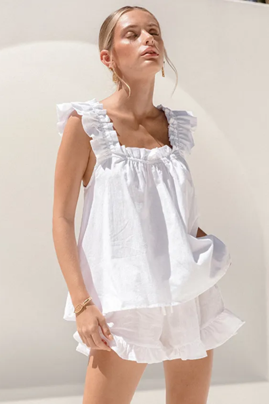 Soft-Touch Ruffle Shorts Set – Relaxed Sleeveless Summer Lounge Look
