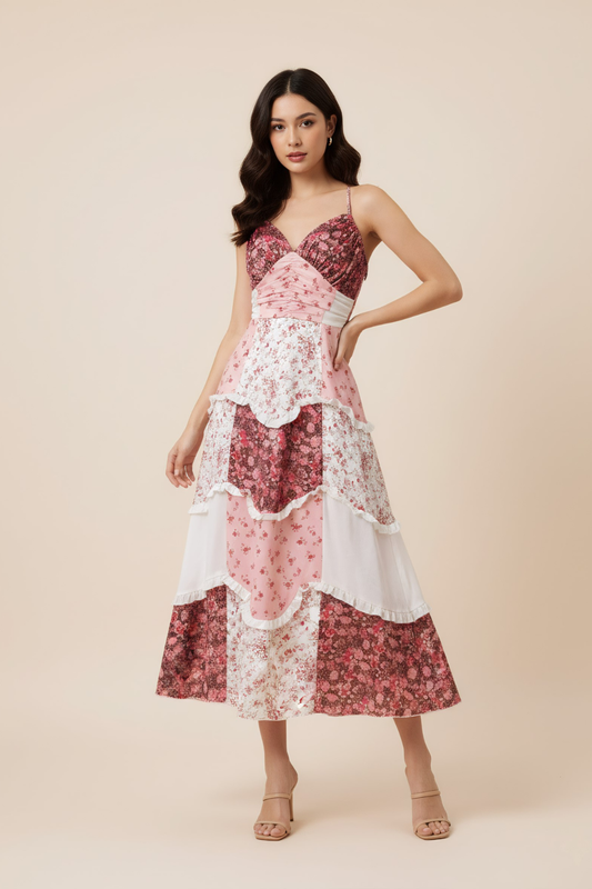 Romantic Patchwork Floral Maxi Dress – Tiered A-Line Silhouette & Spaghetti Straps