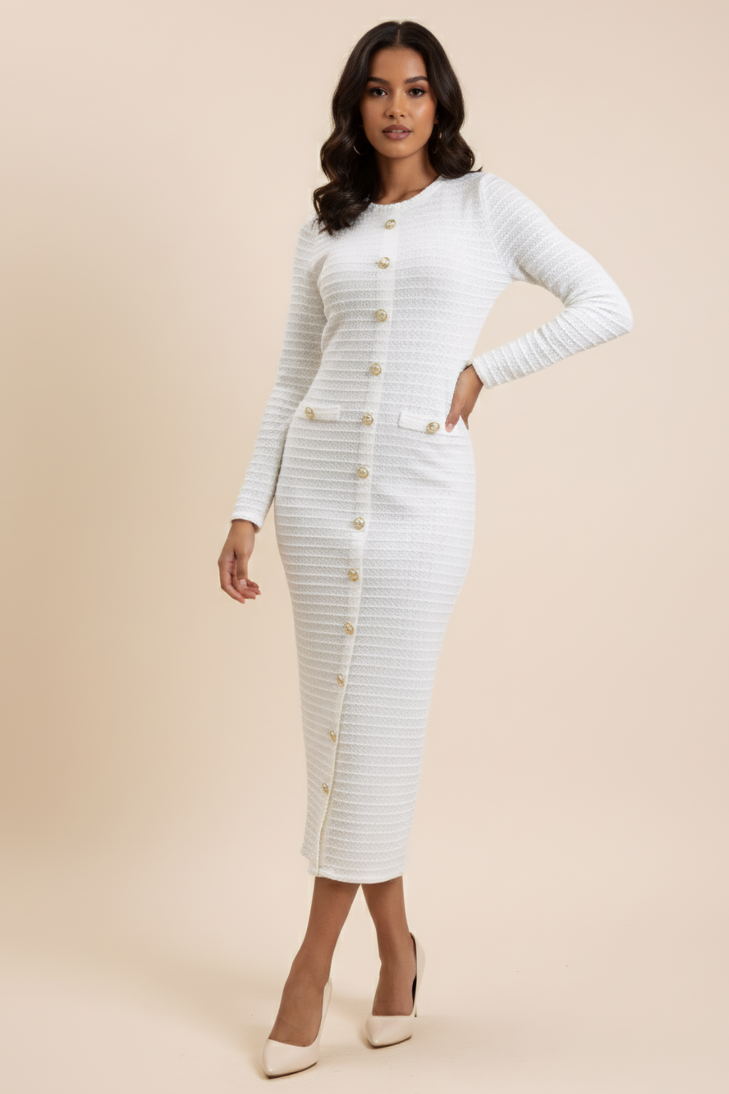 Polished Button Front Midi Dress – Long Sleeve Structured Silhouette