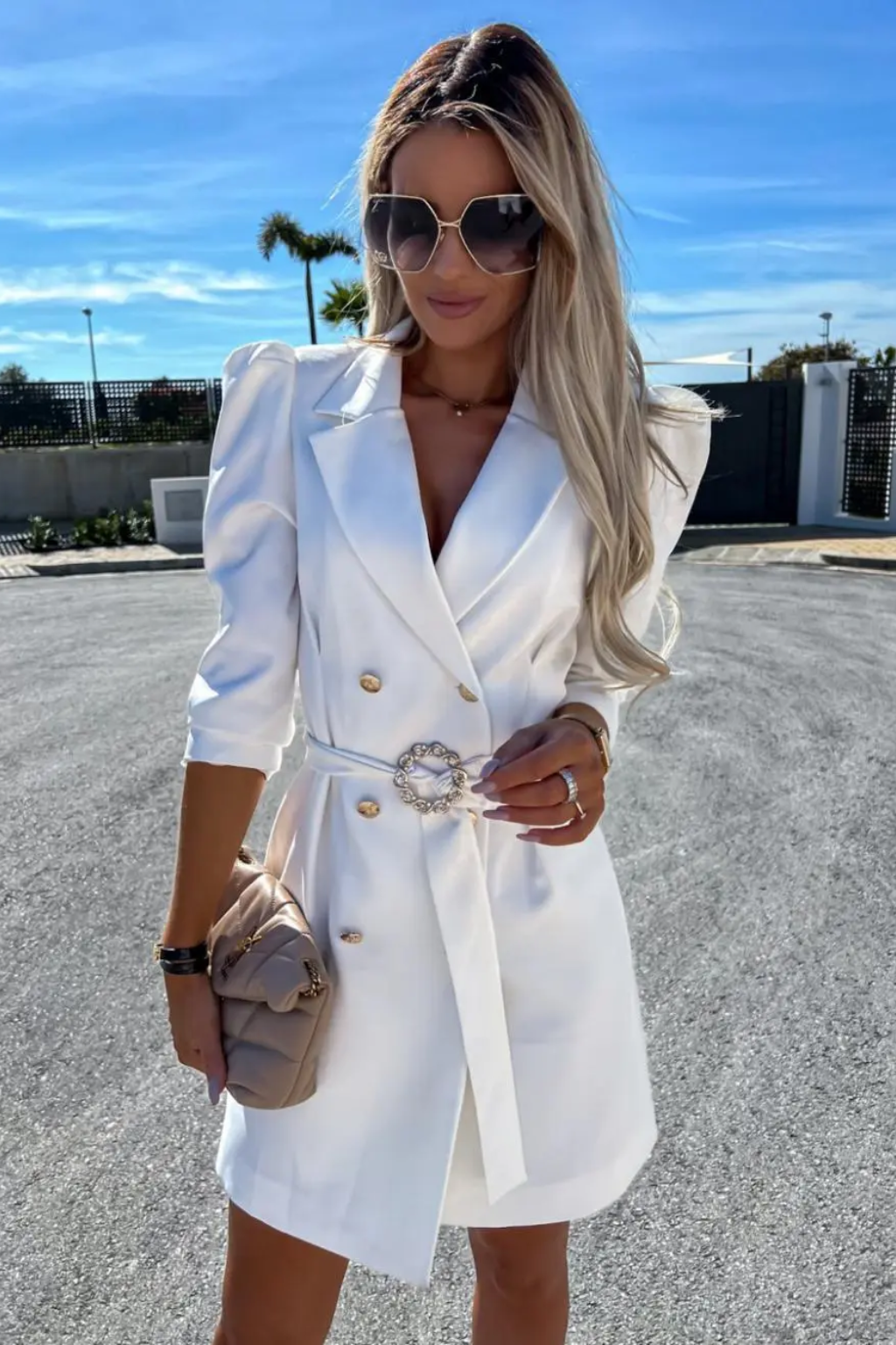 Sophisticated Double-Breasted Blazer Dress – Tailored Fit & Belted Waist