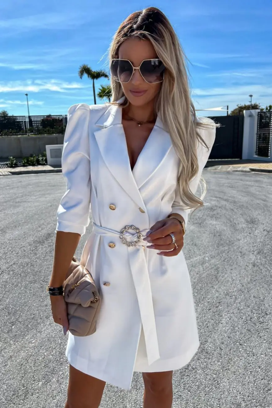 Sophisticated Double-Breasted Blazer Dress – Tailored Fit & Belted Waist