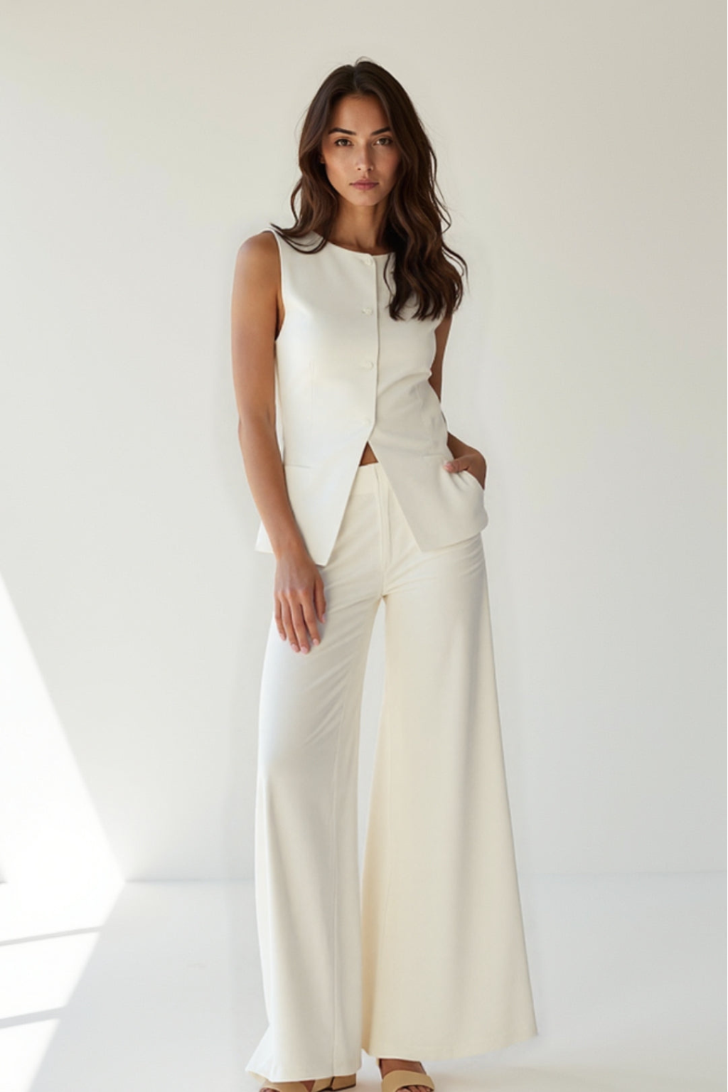 Refined Sleeveless Two-Piece Set – Tailored Button Top & Wide-Leg Pants