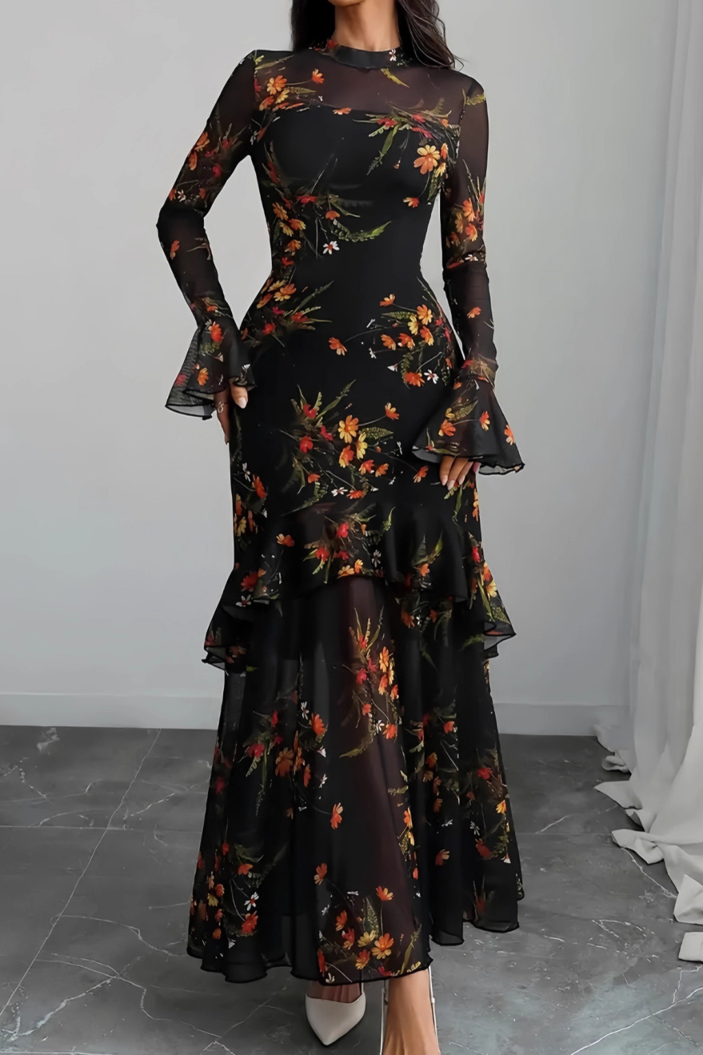 Two Piece Maxi Dress Set – Long Sleeve Floral Overlay & Slip Dress