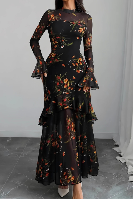 Two Piece Maxi Dress Set – Long Sleeve Floral Overlay & Slip Dress