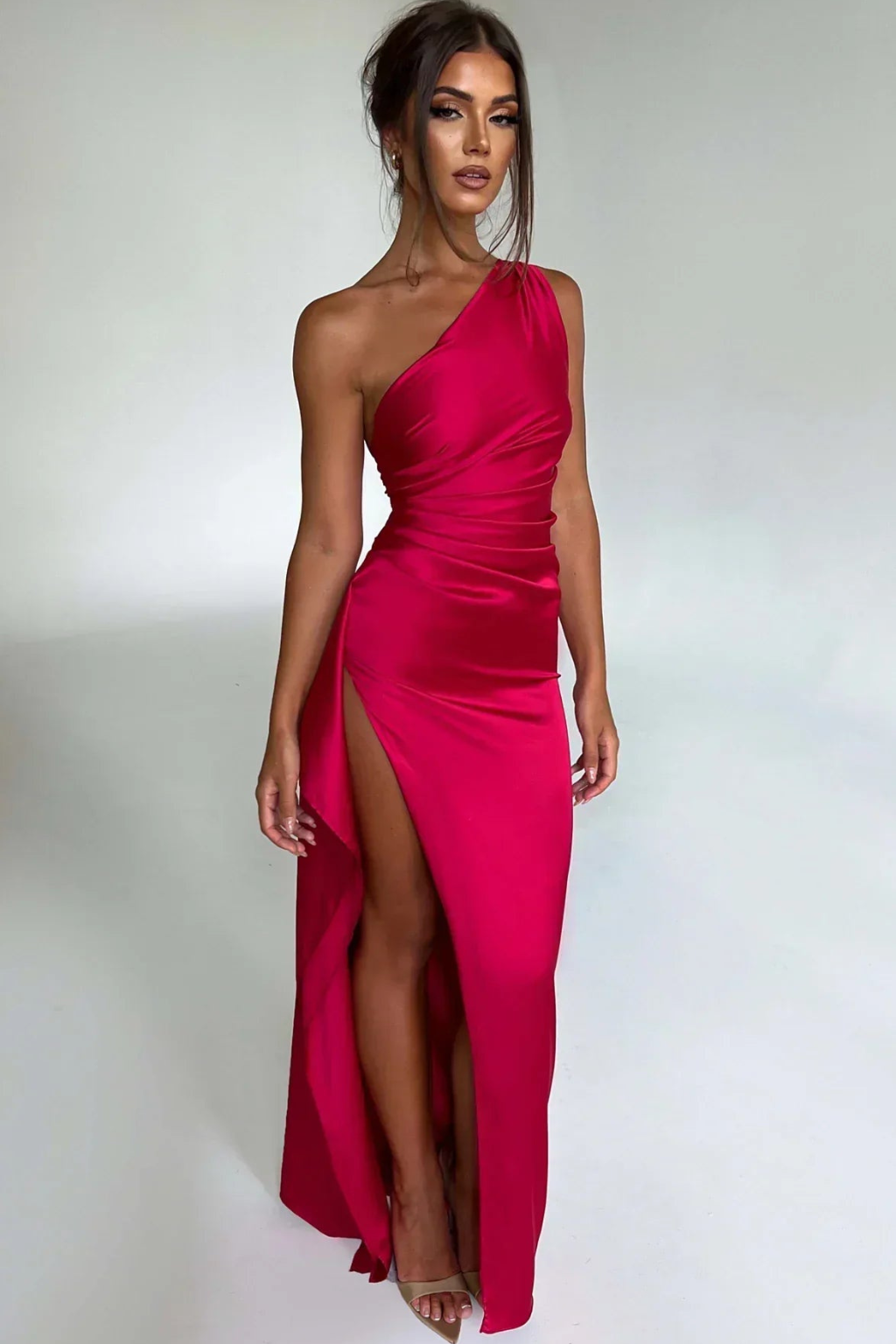 Satin One-Shoulder Evening Dress – Elegant Maxi Silhouette & High Split