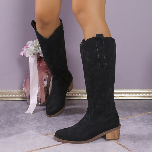 Western Knee High Boots – Stitch Detailing and Block Heel