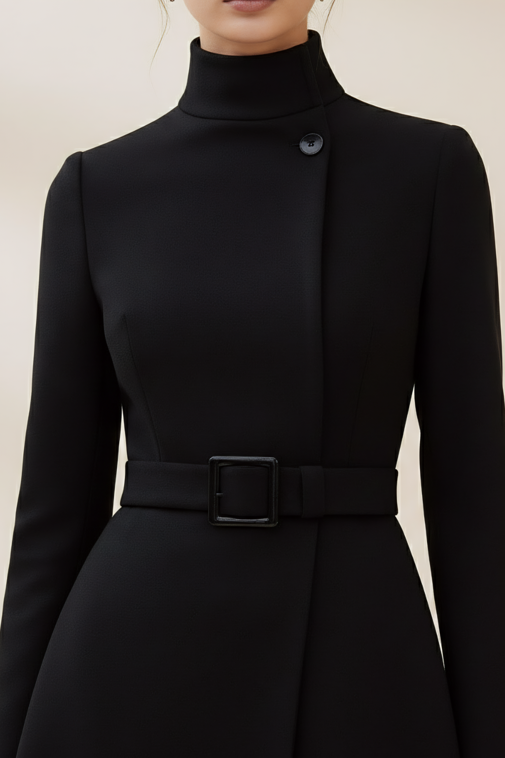 Refined High Neck A-Line Dress – Belted Waist & Asymmetric Silhouette