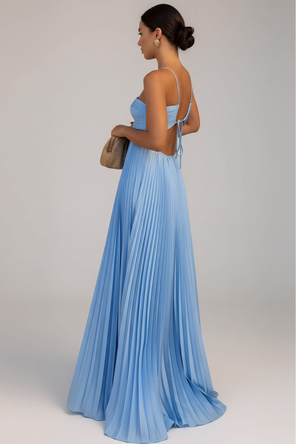 Elegant Pleated Maxi Dress – Strappy Cut-Out Evening Silhouette