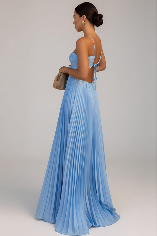 Elegant Pleated Maxi Dress – Strappy Cut-Out Evening Silhouette