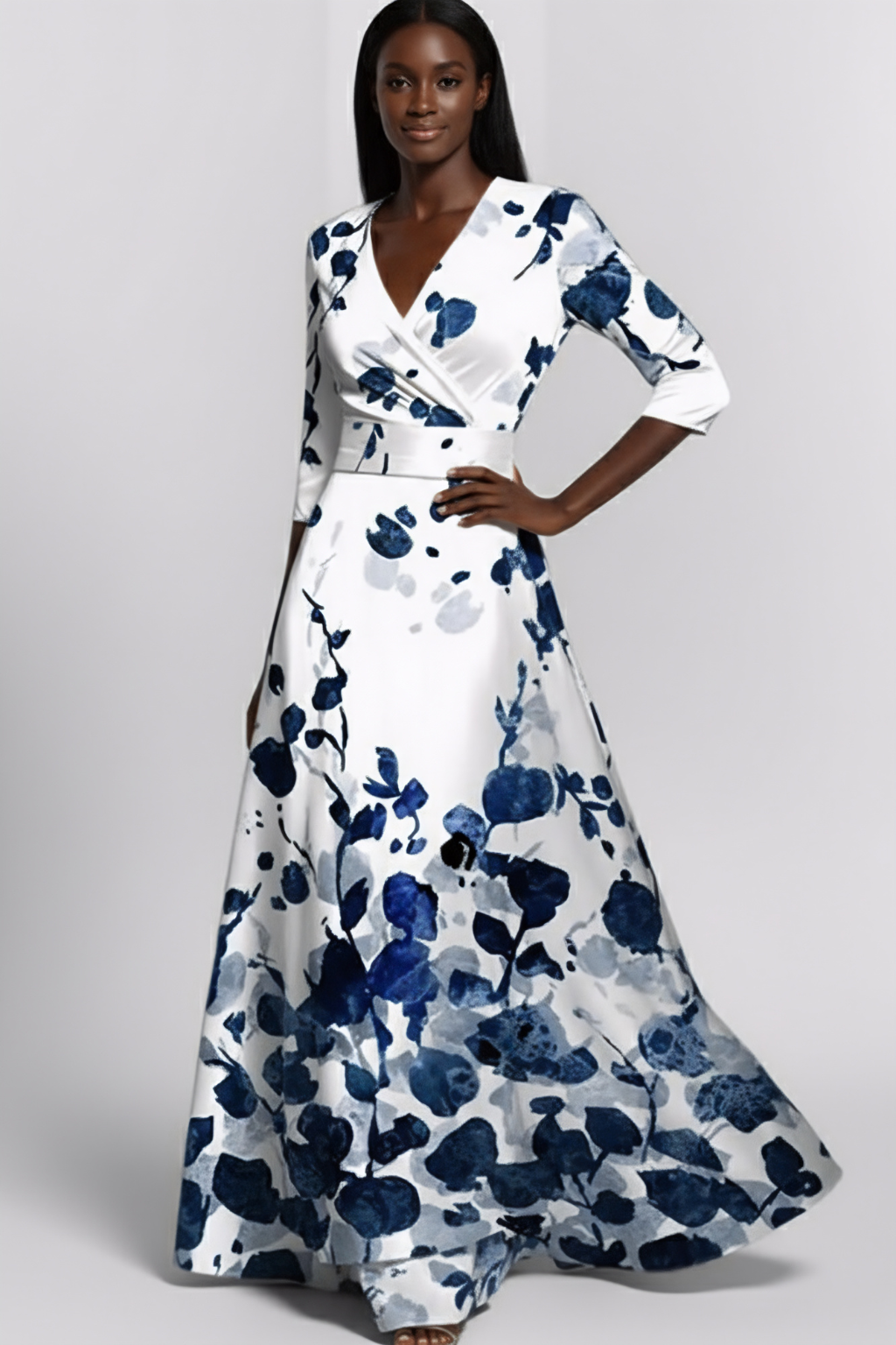 Elegant Floral Print Maxi Dress – Wrap V-Neck Evening Silhouette