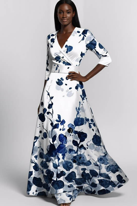 Elegant Floral Print Maxi Dress – Wrap V-Neck Evening Silhouette