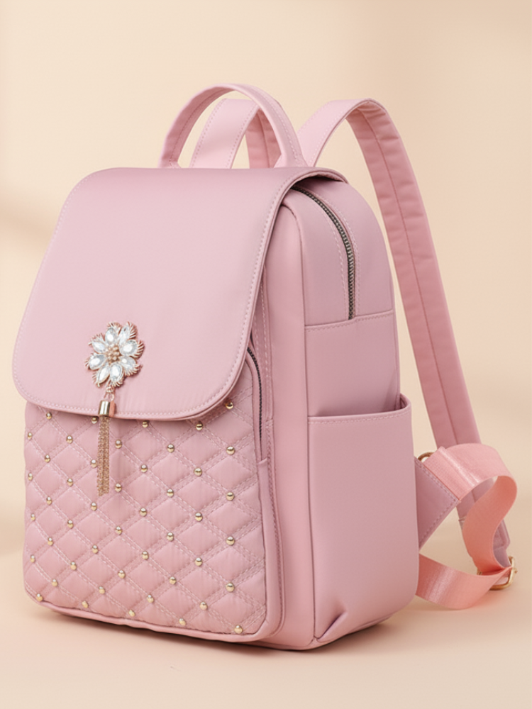 Chic Quilted Purse Backpack – Korean-Inspired Women’s Bag with Pearl Flower Accent