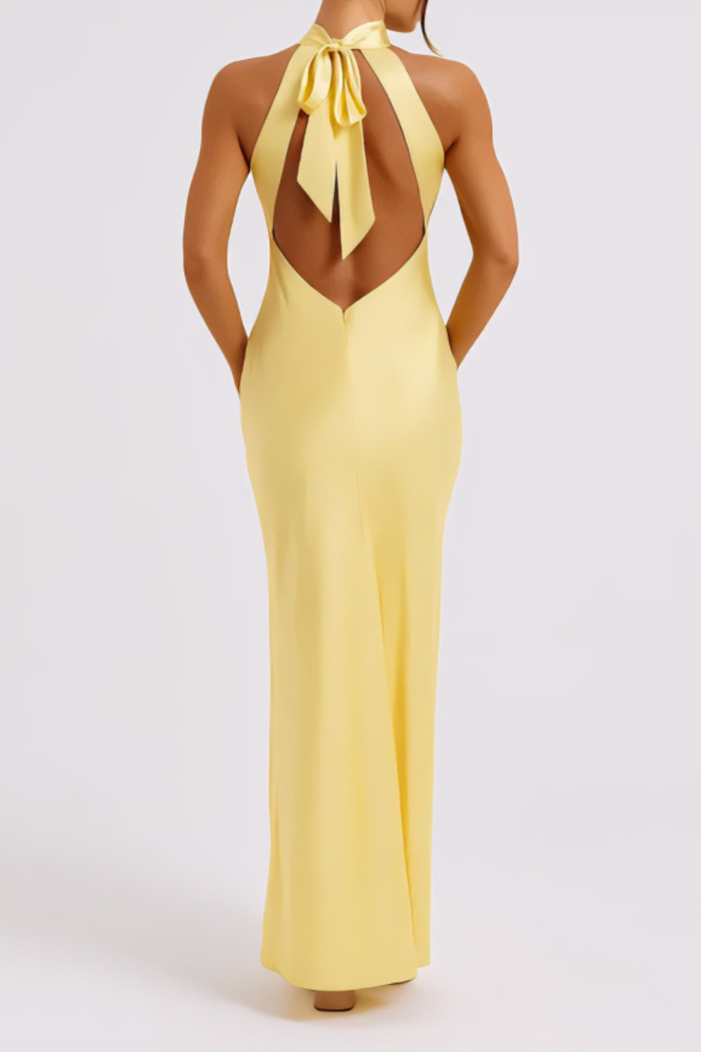 Elegant Halter Neck Evening Maxi Dress – High Slit & Open-Back Bow Detail