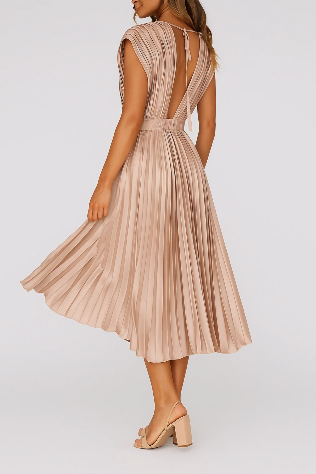 Pleated Deep V-Neck Midi Dress – Elegant Occasion Dress