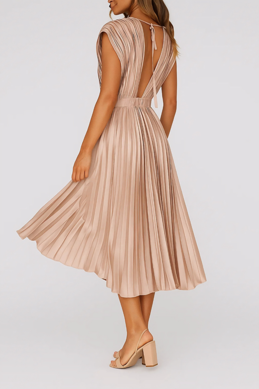 Pleated Deep V-Neck Midi Dress – Elegant Occasion Dress