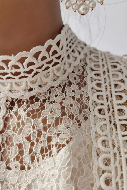 Crochet Lace Top – High Neck Short Sleeve & Refined Casual Silhouette