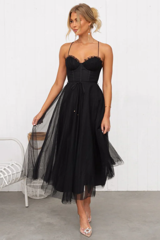 Tulle Corset Midi Dress – Elegant Brown Party Dress