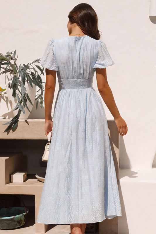 Graceful Puff-Sleeve Midi Dress – V-Neck Button-Front Silhouette & Effortless Flow