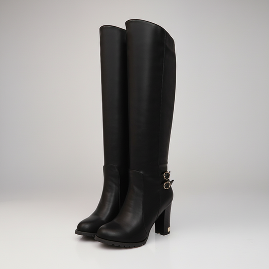 Women’s Knee-High Boots with Block Heel – Double Buckle Detail & Plush Lining
