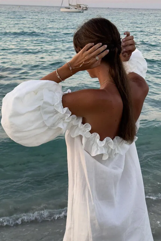 Romantic Off-Shoulder Ruffle Maxi Dress – Flowing Silhouette & Side-Split Elegance