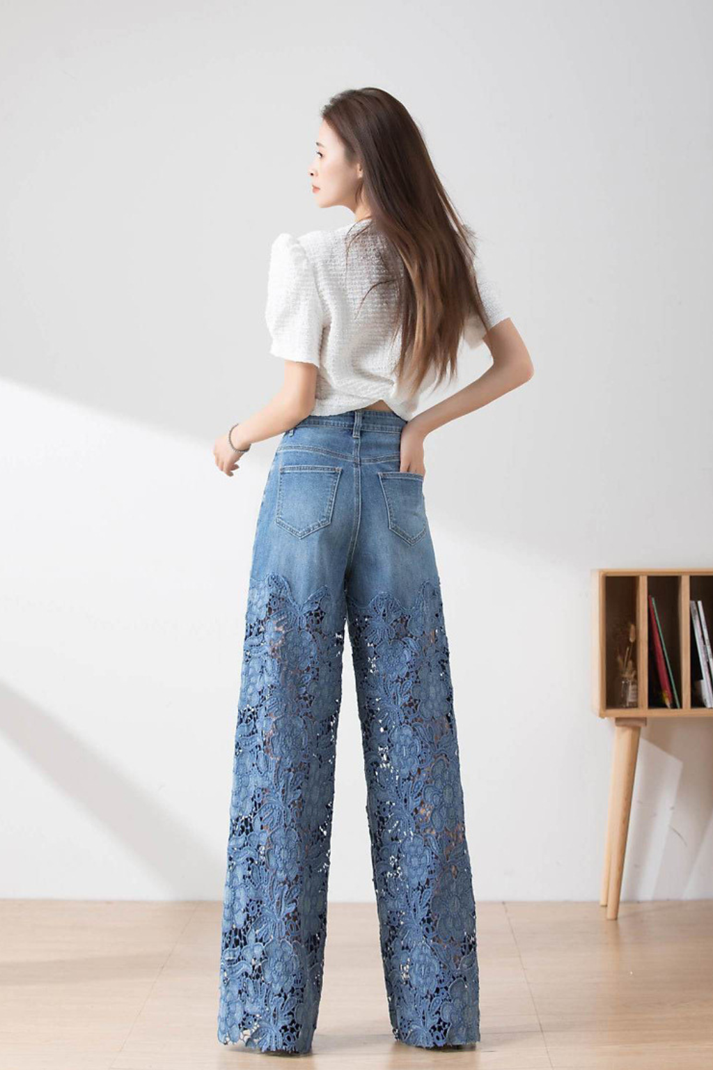 Statement Wide Leg Jeans – Floral Cutout Detail & High Waist Silhouette