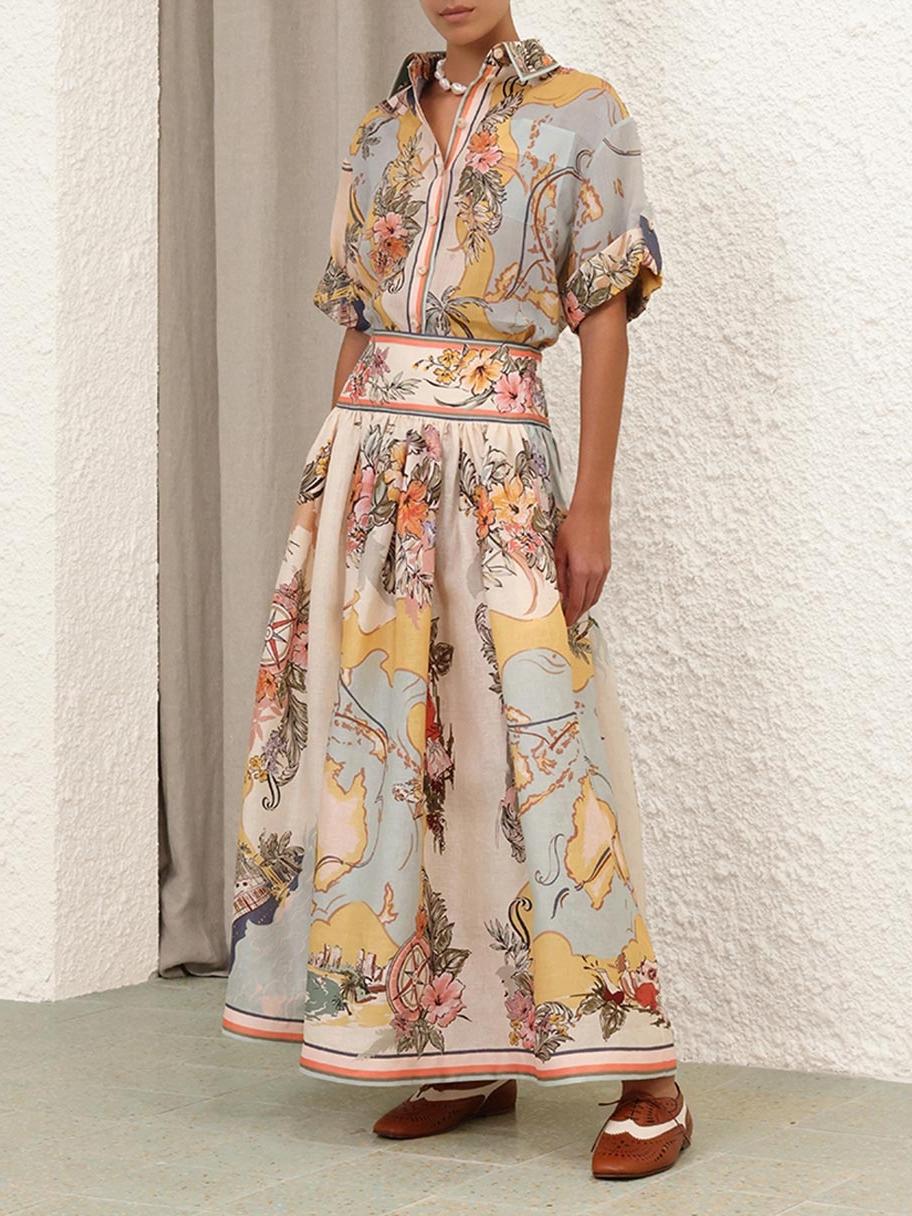 Women's Floral Midi Skirt – Pleated A-line Silhouette & Scenic Print