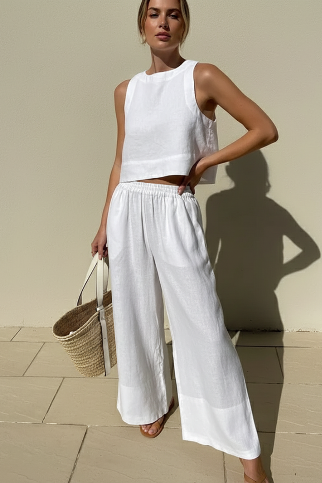 Refined Two-Piece Summer Set – Sleeveless Crop Top & Wide-Leg Pants