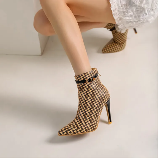Women's Houndstooth Ankle Boots – Pointed Toe Stiletto with Gold Buckle