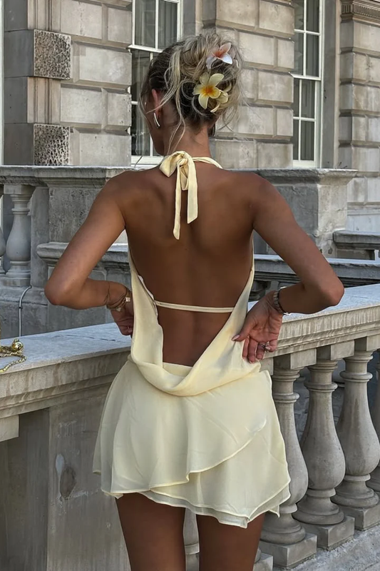 Chic Backless Halter Mini Dress – Draped Silhouette & Flowy Layers