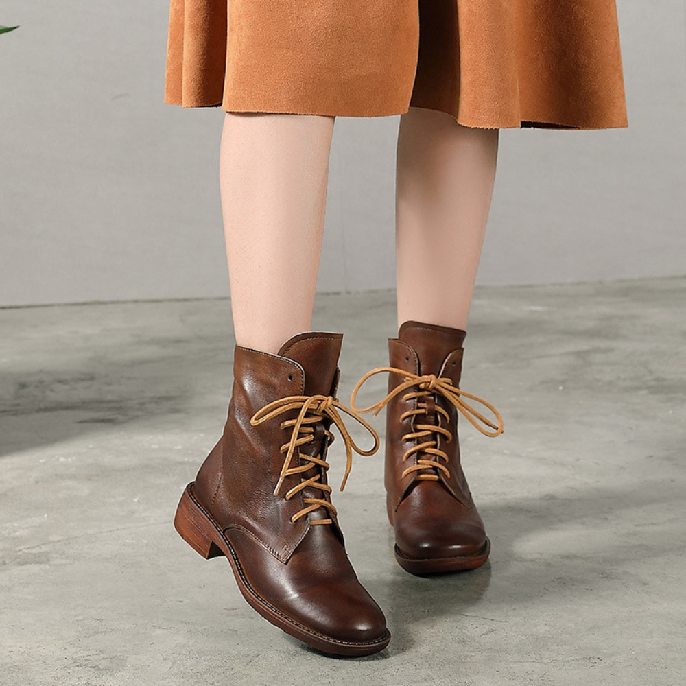 Women's Lace-Up Ankle Boots – Classic Brown with Low Block Heel