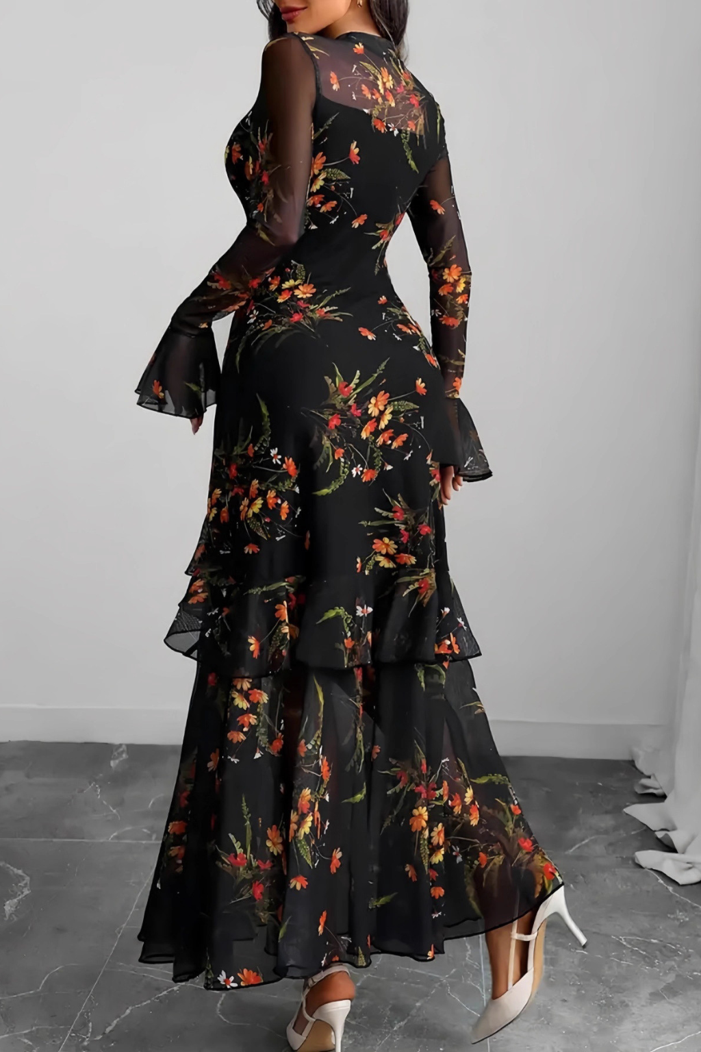 Two Piece Maxi Dress Set – Long Sleeve Floral Overlay & Slip Dress