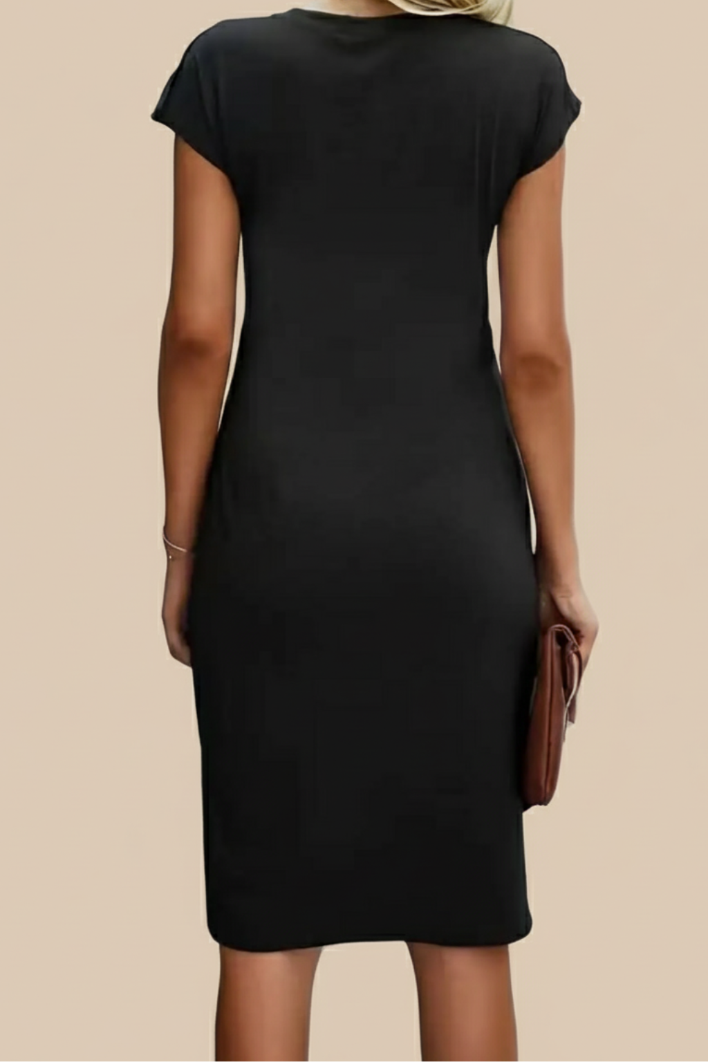 Chic Ruched Waist Sheath Dress – Short-Sleeve Fitted Midi Style