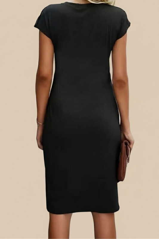 Chic Ruched Waist Sheath Dress – Short-Sleeve Fitted Midi Style