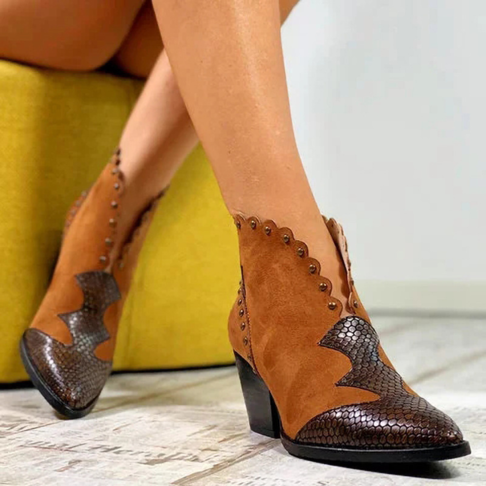 Western Ankle Boots – Studded Detailing with Contrast Textures