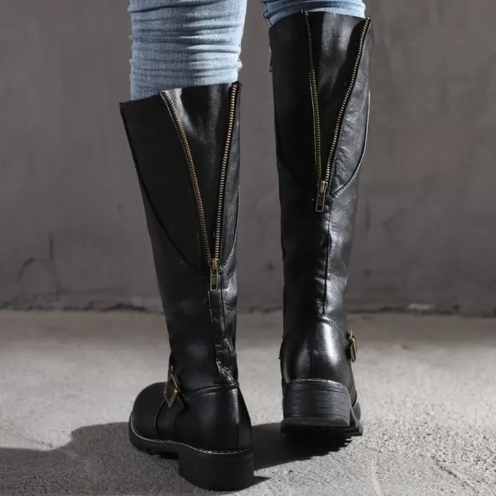 Women’s Knee-High Buckle Boots – Classic Style with Low Heel